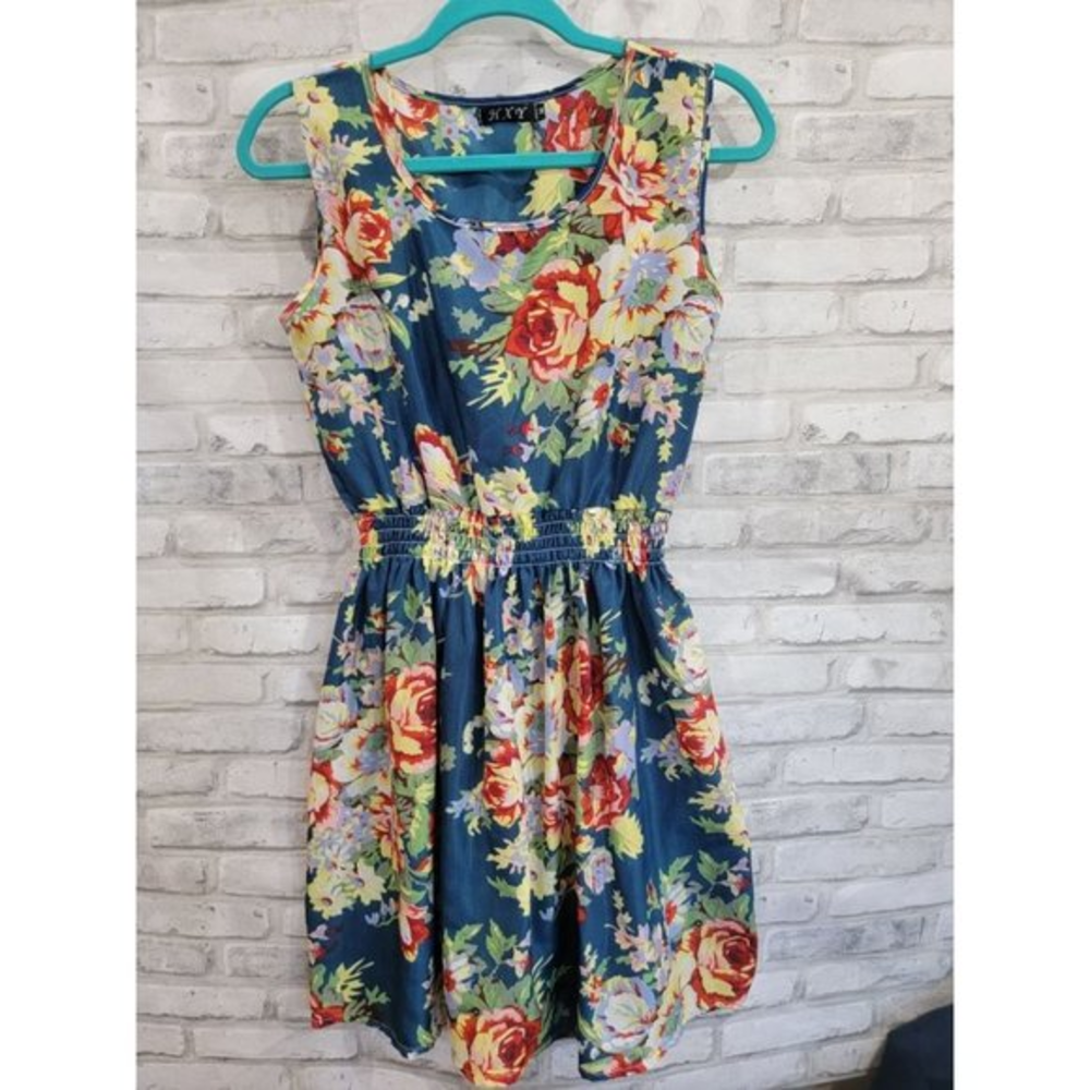 Women Junior Girl's Medium Floral Cinch Flowers Blue Dress
